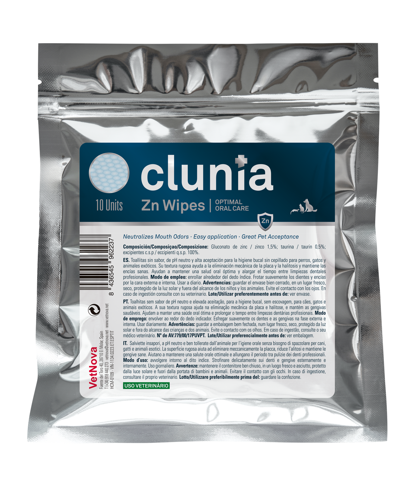 Toallitas limpieza higiene bucodental perros, gatos, caballos Clunia Zn