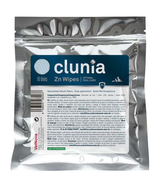 Toallitas limpieza higiene bucodental perros, gatos, caballos Clunia Zn