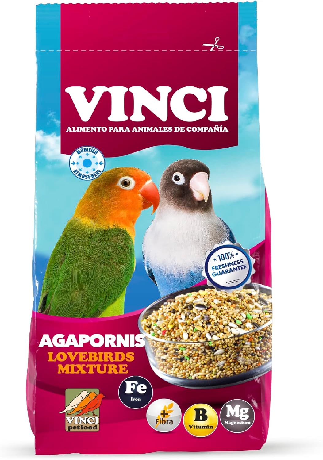 Mezcla equilibrada para Agapornis compuesta de: Mijo amarillo,alpiste,mijo rojo,avena pelada,alazor, cebada,cañamones,alforfon,negrillo,linaza,productos de panaderia y produccion de pastas alimentcias,trigo pipa de girasol pequeña,aceite vegetal y aroma de platano.