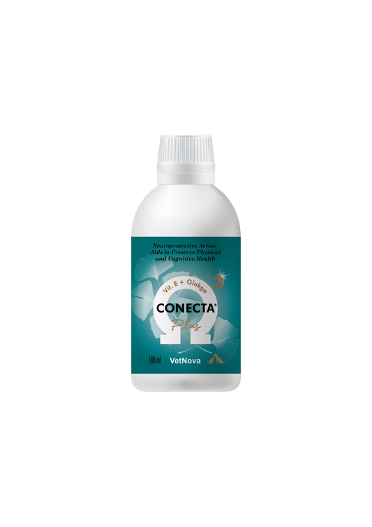 CONECTA_Plus_180_m_soluci_n_oral. indicada para ayudar a preservar la funcionalidad del sistema nervioso central y periférico, de la vista y del aparato locomotor de perros y gatos de edad avanzada.