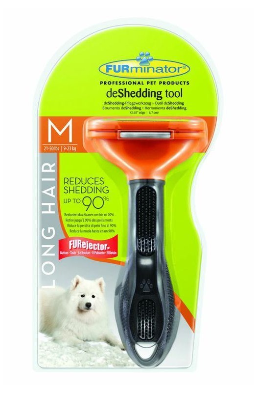 cepillo Fur. reduce la muda hasta un 90% diseñado para perros de 9 a 23 kg pe lo largo.