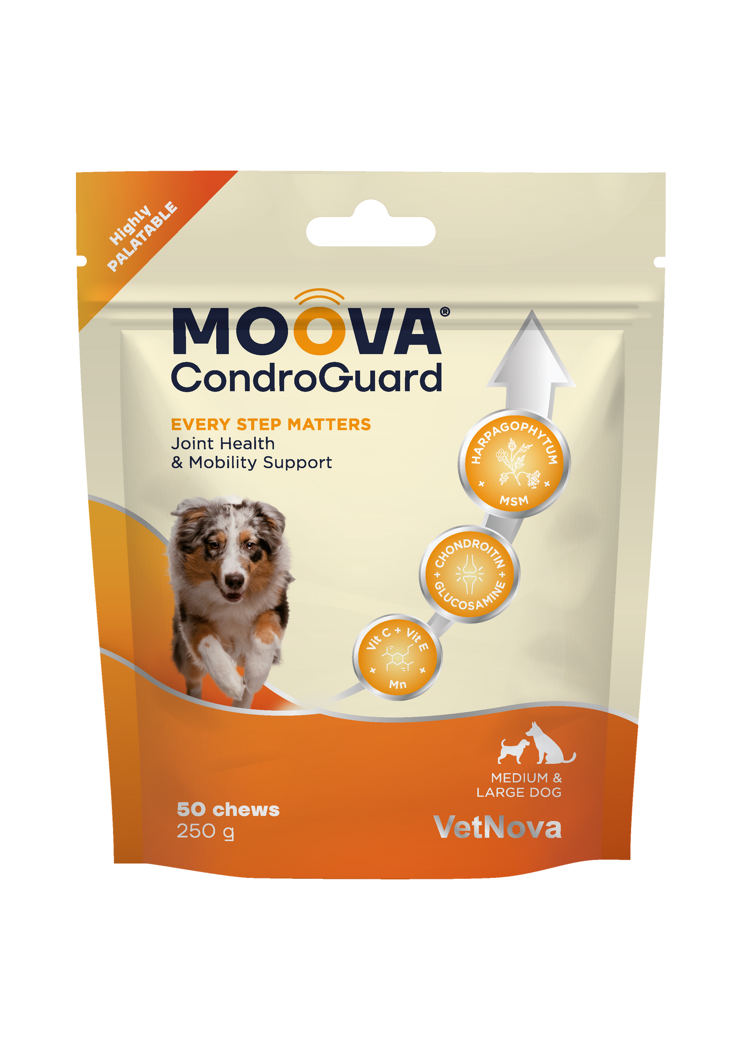 MOOVA® CondroGuard Medium & Large dogs para contribuir a la óptima movilidad y calidad de vida de perros y gatos.