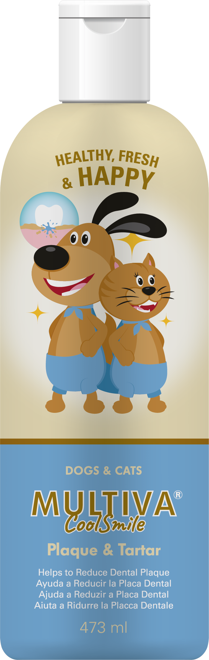 Solución Oral para ayudar a reducir la Placa Dental y Mantener una Salud Oral Óptima en perros y gatos.