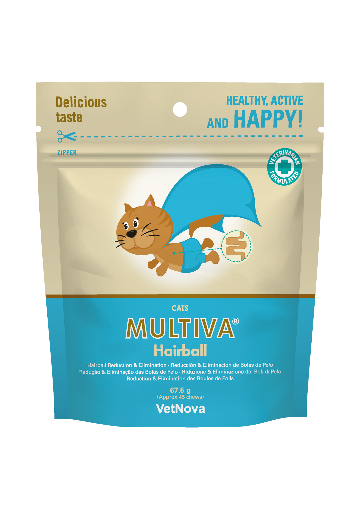 Suplemento masticable de alta palatabilidad diseñado para ayudar a eliminar las bolas de pelo y facilitar el tránsito intestina en gatos.