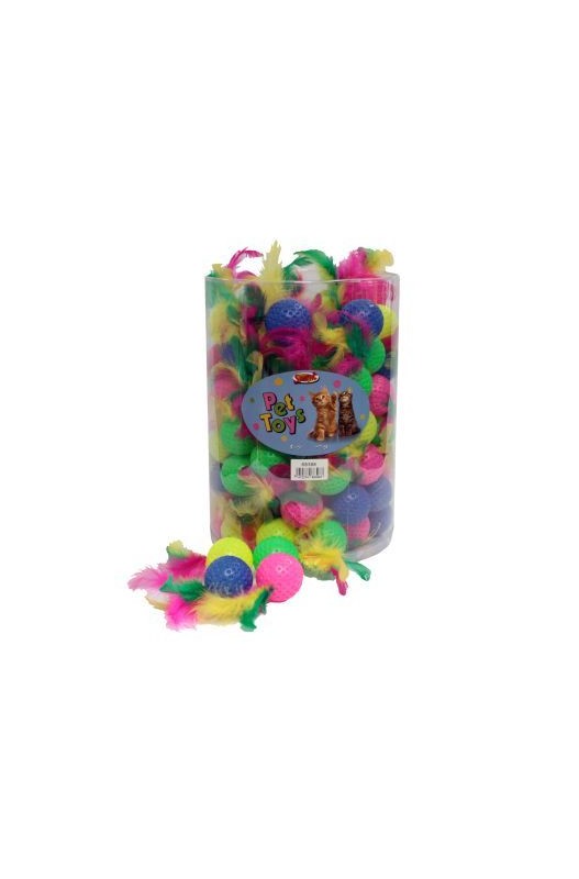 pelota con plumas para gatos cubo de 100 unidades