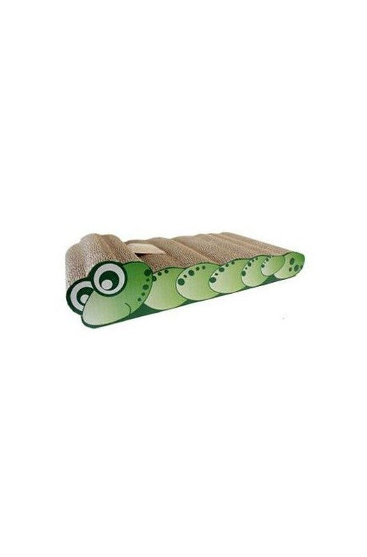 Rascador de cartón en forma de gusano, de color verde. Contiene una bolsita de catnip, para rociarlo y hacerlo más atractivo e interesante a ojos de nuestro gato