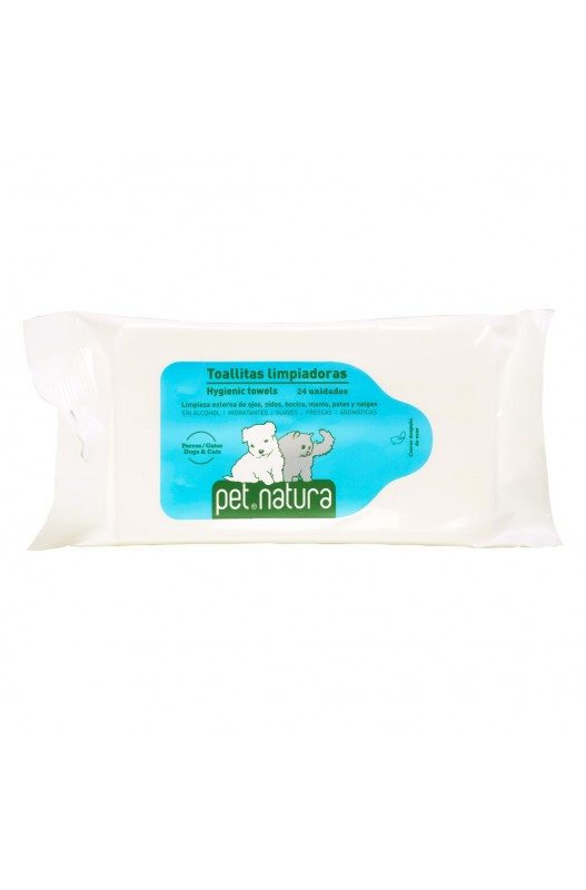 Toallitas hidratantes para limpieza externa de ojos, oídos, hocico, nalgas, manto y patas.