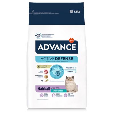 alimento de alta gama para gatos esterilizados con problemas de formación de bolas de pelo.
El pienso para gatos Advance Sterilized Hairball es perfecto para aquellos gatos que han pasado por una esterilización o una castración y que presentan o pueden presentar los problemas típicos de este tipo de intervenciones, como el aumento de peso.