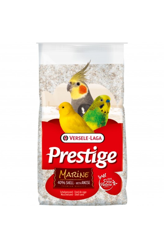 arena clara a base de conchas con anís. Con un olor fresco. Óptima para el crecimiento de los huesos y la formación del pelaje. La arena para pájaros Prestige Premium fue esterilizada a base de altas temperaturas