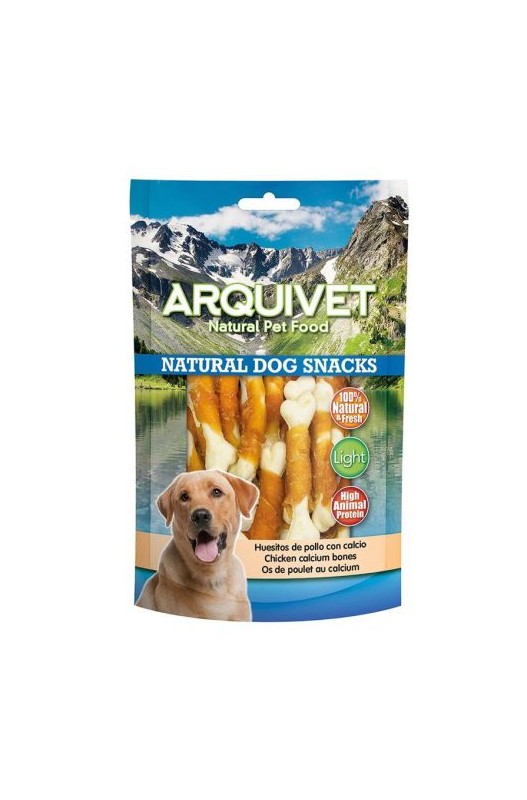 Snack en forma de huesitos con carne de pollo enrollada. 100% natural.