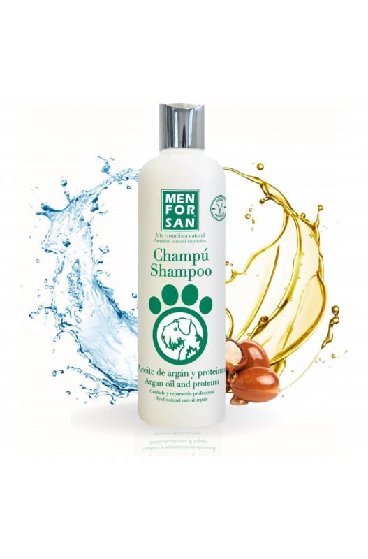 Champú concentrado de máxima calidad profesional con Proteínas de Seda y Aceite de Argán. Ideal para recuperar la vitalidad, el brillo y la suavidad de los pelajes muy sucios, secos y deteriorados.