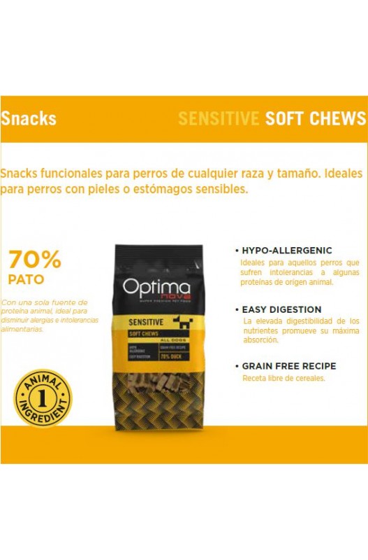 SNACK PARA PIELES Y ESTOMAGOS SENSIBLES SABOR PATO 150gr. Optima Nova