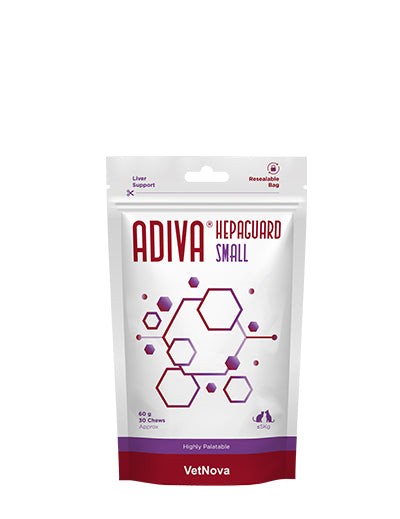 ADIVA_Hepaguard_Small_masticables_perros_pequeños. chews altamente palatables para ayudar a mantener la función hepática en perros pequeños y gatos.