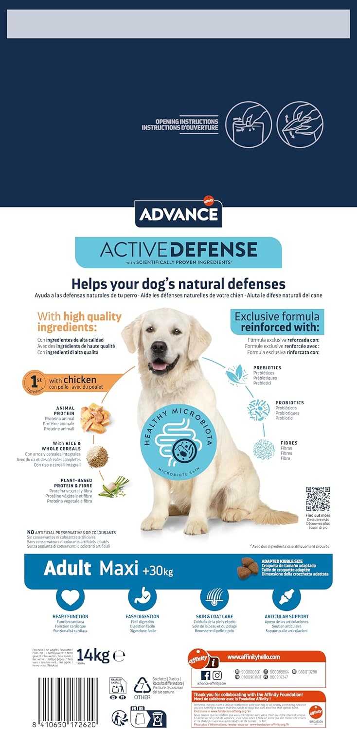 alimento para perros adultos de raza grande de 2 a 6 años.
salud intestinal corazón saludable, protege los dientes físico atlético 
Advance Maxi Adult con Pollo