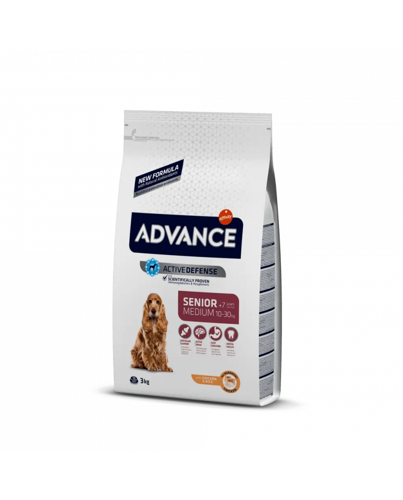 Advance Medium Senior de Pollo y Arroz, es un alimento con inmunoglobulinas y polifenoles naturales especialmente indicado para perros de raza mediana de más de 7 años que promueve un cerebro activo, un corazón sano, protección dental y unos músculos fuertes. Alimento de alta gama especialmente indicado para perros de más de 7 años de raza mediana (de 10 a 30 kg. de peso adulto) que incorpora: Condroitina y glucosamina: Su acción combinada favorece el buen mantenimiento del cartílago articular, ayudando a p