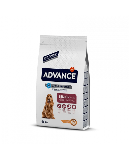 Advance Medium Senior de Pollo y Arroz, es un alimento con inmunoglobulinas y polifenoles naturales especialmente indicado para perros de raza mediana de más de 7 años que promueve un cerebro activo, un corazón sano, protección dental y unos músculos fuertes. Alimento de alta gama especialmente indicado para perros de más de 7 años de raza mediana (de 10 a 30 kg. de peso adulto) que incorpora: Condroitina y glucosamina: Su acción combinada favorece el buen mantenimiento del cartílago articular, ayudando a p