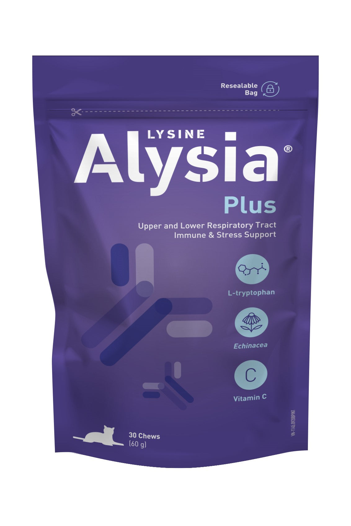 ALYSIA_PLUS Suplemento para gatos enriquecido con Lisina, Triptófano, Equinácea y Vitamina C, presentado en masticables altamente palatables.