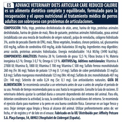 alimento dieta para pacientes con osteoartritis y como tratamiento preventivo. Advance Veterinary Diet Articular Care Reduced Calories