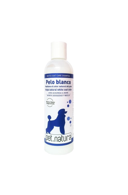 reaviva el color blanco del pelo, evitando su amarilleamiento. Proporciona suavidad y mantiene un brillo sano. Con PH equilibrado por lo que no altera el equilibrio natural de la piel de su mascota. 1) Además de todas las condiciones que debe poseer un champú para no provocar daños, mantener un brillo sano y el color natural del pelo sin que este amarillee y que son: *Ingredientes limpiadores suaves, no agresivos. *Tener un PH perfectamente equilibrado y adaptado a la fisiología de la piel y el manto 