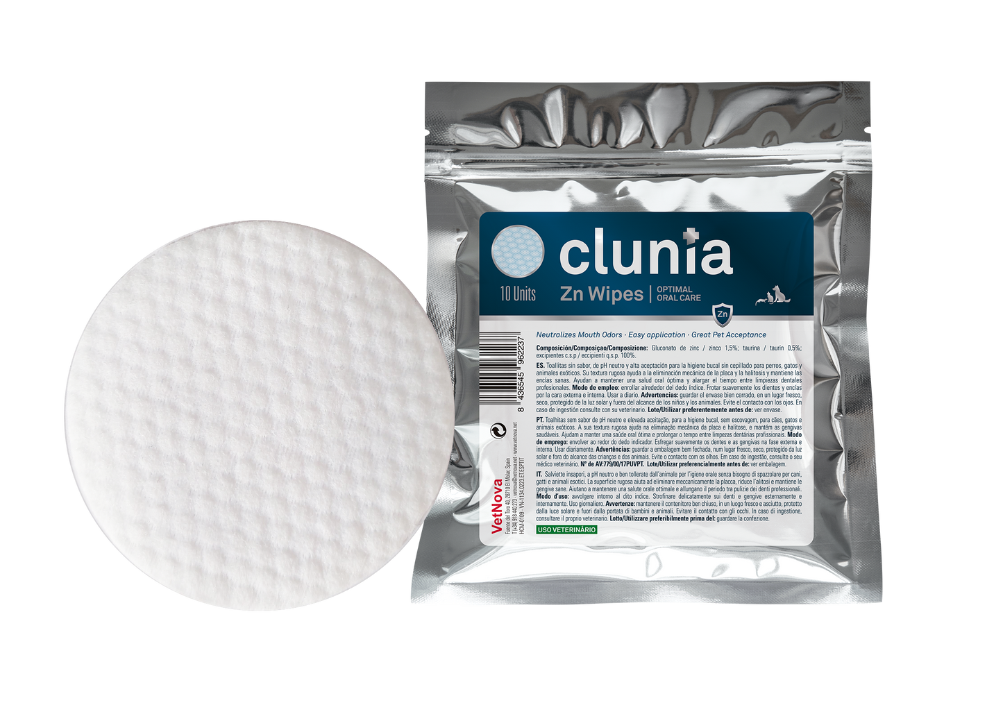 tToallitas limpieza higiene bucodental perros, gatos, caballos Clunia Zn