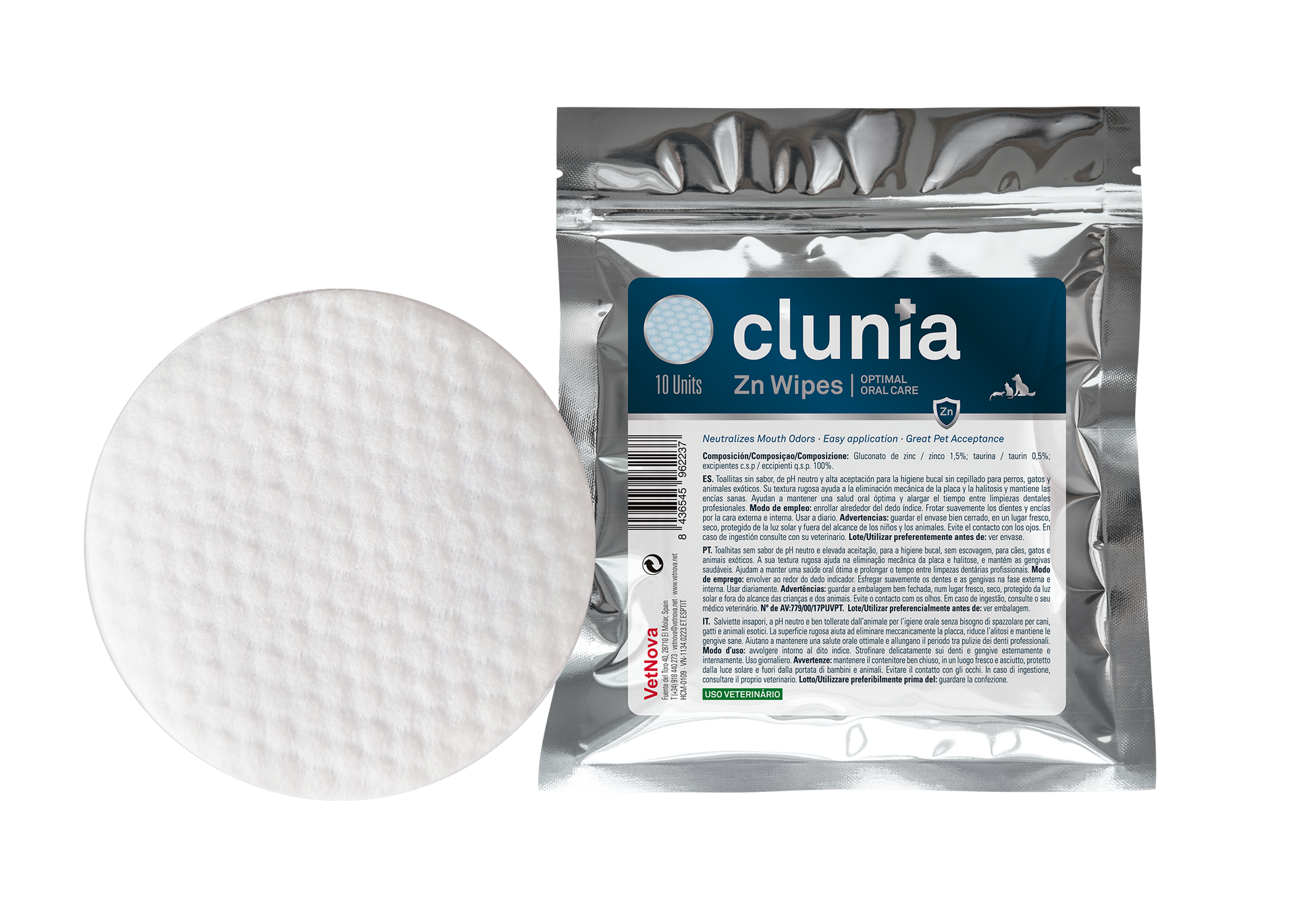 tToallitas limpieza higiene bucodental perros, gatos, caballos Clunia Zn