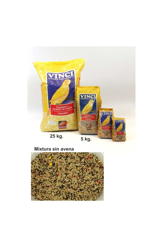 mixtura sin avena Vinci es una mezcla de semillas y cereales seleccionados, vitaminas y minerales esenciales para canarios y aves de canto