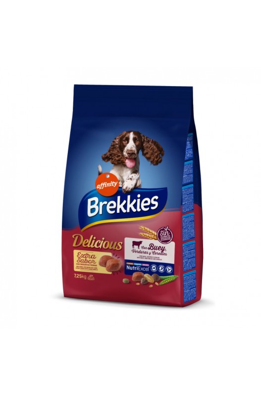 Brekkies Delicious con Buey, Verduras y Cereales es un irresistible alimento completo y equilibrado que sorprende por sus croquetas tiernas, que harán de la comida diaria de tu perro un auténtico placer.