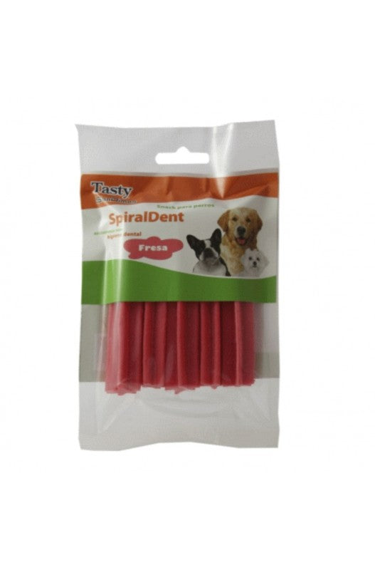 snack dental para perros con sabor a fresa, diseñado para ayudar en la higiene bucal de tu mascota.