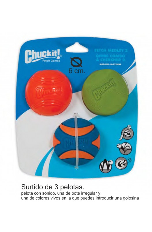  set de pelotas está formado por pelotasm, incluye la clásica Fetch Ball, la popular Ultra Ball y la nueva Rugged Ball.