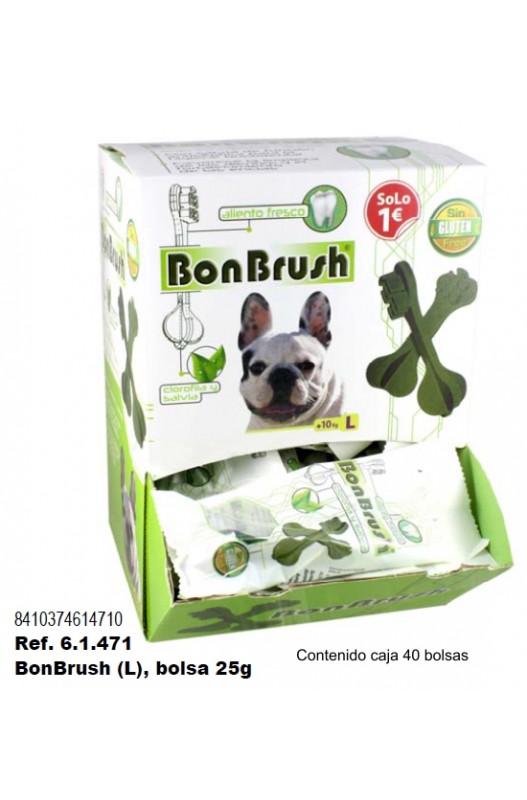 Dental Bonbrush Snack en forma de cepillo que ayuda con la higiene dental de su perro. Elaborado con clorofila y salvia, esto hace que le refresca el aliento a la misma vez que se lo mejora. Son bajo en calorías / grasas.