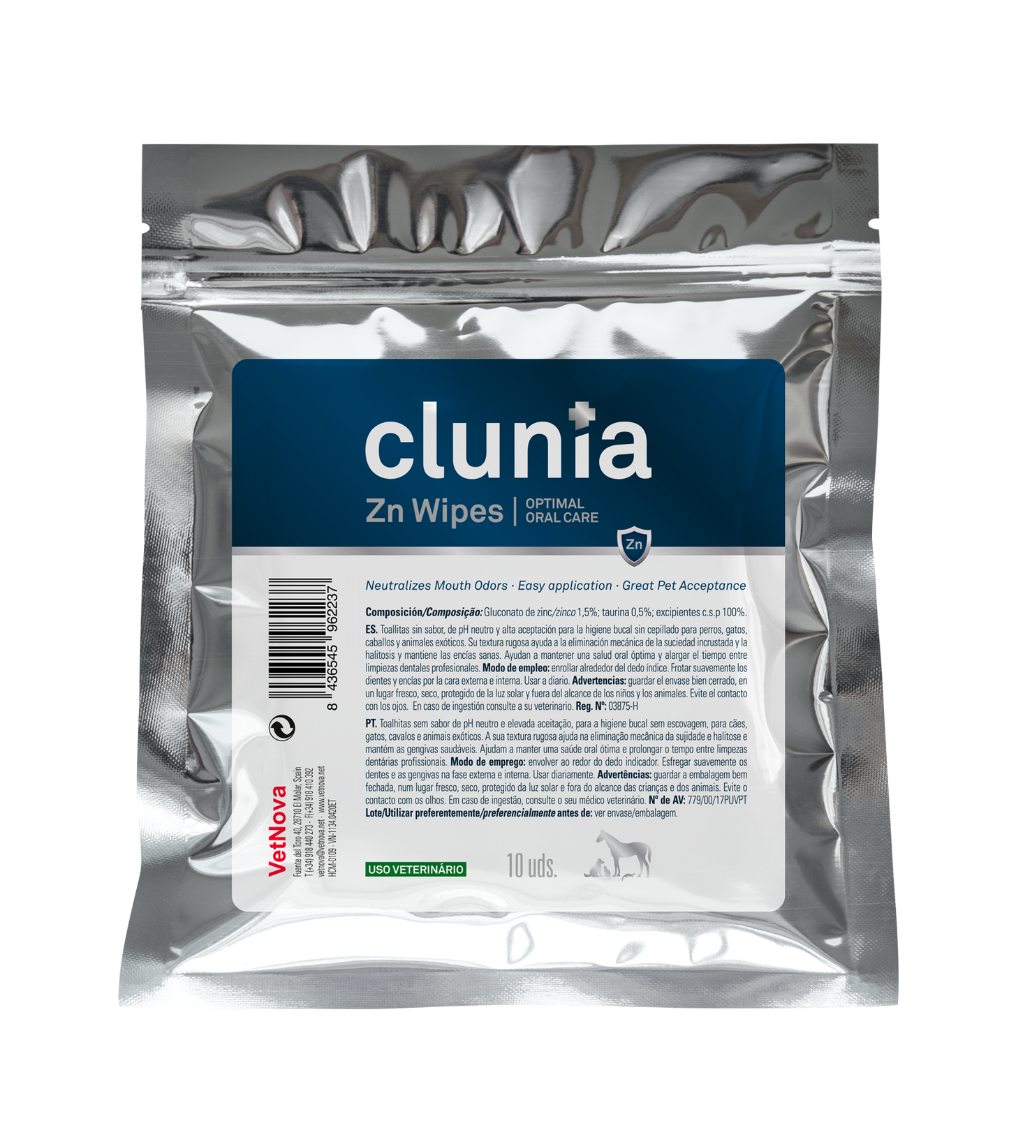 Toallitas limpieza higiene bucodental perros, gatos, caballos Clunia Zn