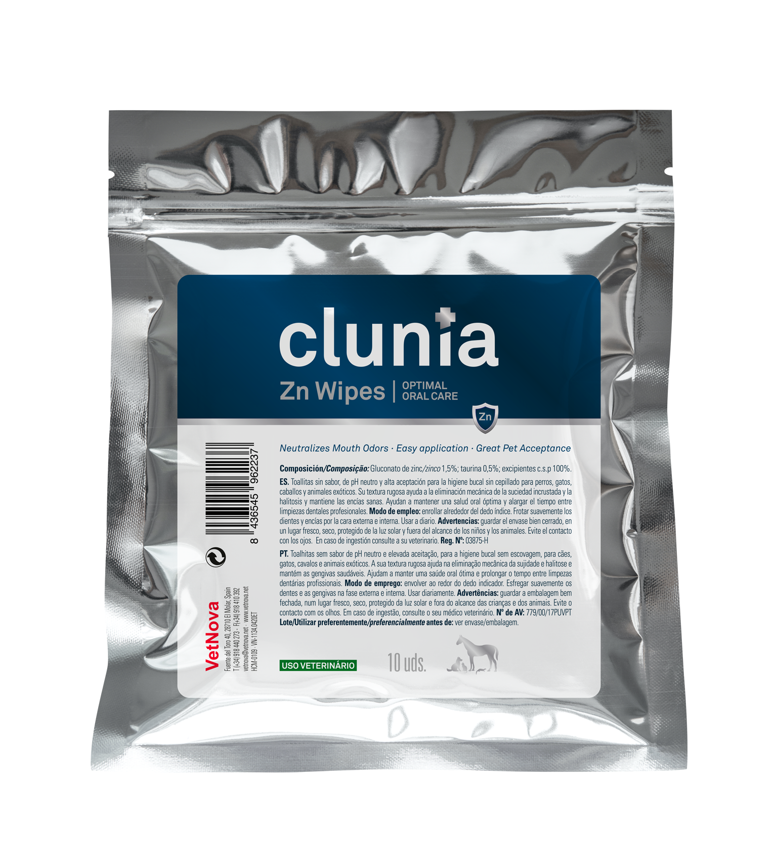 Toallitas limpieza higiene bucodental perros, gatos, caballos Clunia Zn