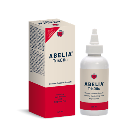 Frasco de ABELIA TrisOtic, solución ótica avanzada para la limpieza y cuidado de oídos en perros y gatos sobre fondo blanco.
