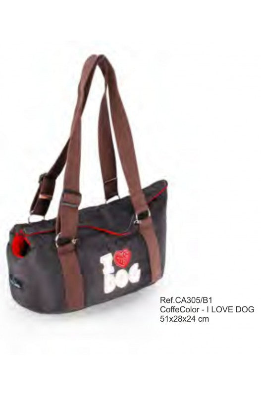 bolso de transporte I Love Dog (51x28x24 cm) es un accesorio cómodo y moderno diseñado para transportar mascotas pequeñas y medianas con estilo y seguridad