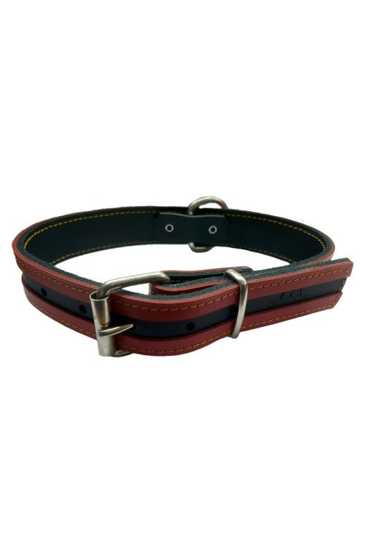 collar de cuero para perro, en tonos rojo y negro, mide 40x3 cm