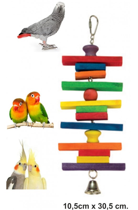 Juguete para pájaros, hecho con piezas de maderas de colores 