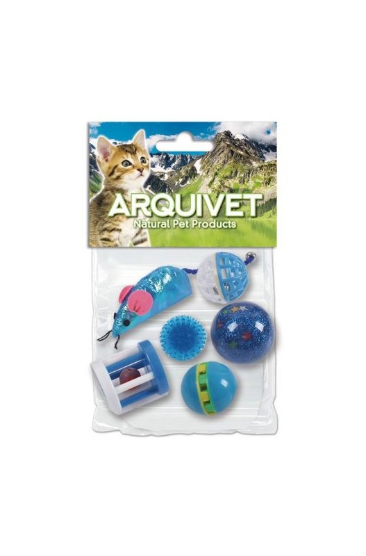 Elementos de pequeño tamaño para gatos. De color azul. Bolsa con 6 piezas diferentes.