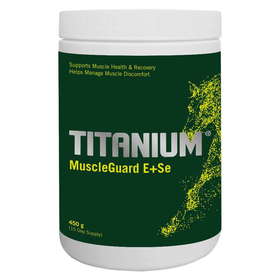 Bote de TITANIUM MuscleGuard E+Se suplemento equino antioxidante con Vitamina E y Selenio de Bolypets